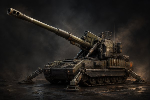 Foundry concept art: Rugged self-propelled artillery with an extended gun tube, robust stabilizers and analog targeting equipment.