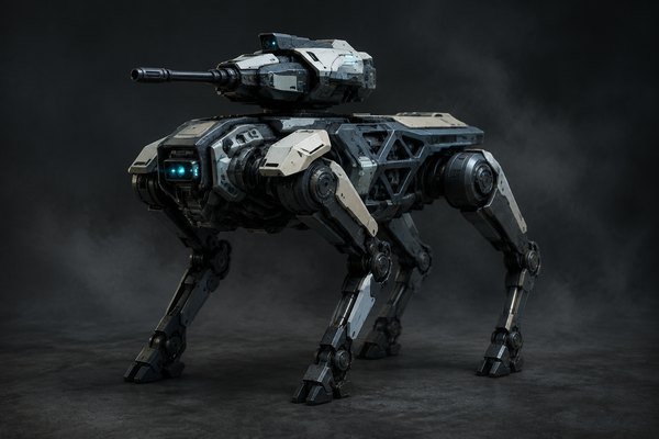 Meridian concept art: Lightly armored quadruped sentry with a compact turret and articulated terrain-capable legs.