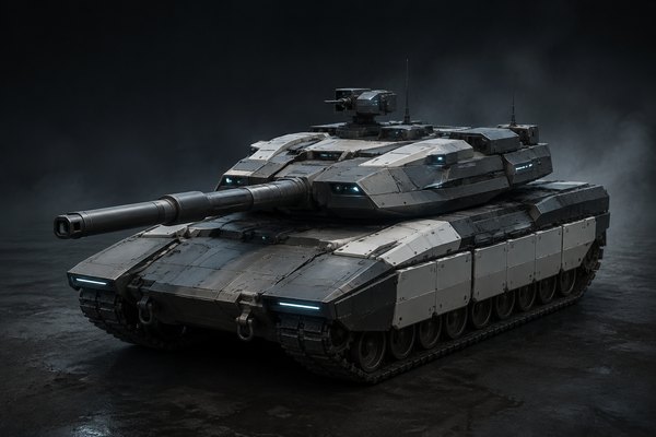 Meridian concept art: Precision main battle tank with compact faceted armor, an integrated sensor array and a conventional main gun.