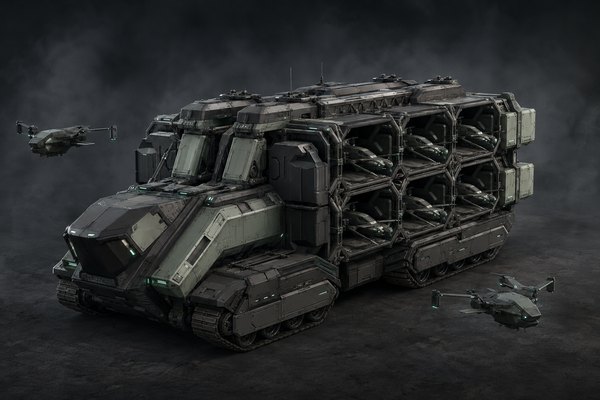 Mosaic concept art: Armored tracked drone carrier with autonomous aircraft docked in orderly modular cells.